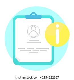 Blue tablet with personal file, card, patient file. customer, user and sign i, information on yellow circle concept illustration. flat design, simple and modern graphic element for app or web ui