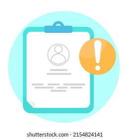 Blue tablet with personal file, card, patient file. customer, user and exclamation mark on orange circle concept illustration. flat design, simple and modern graphic element for app or web ui