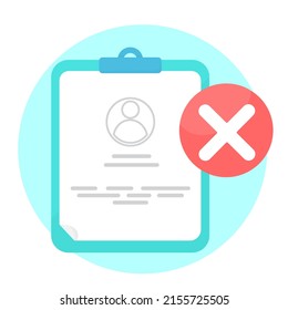 Blaue Tablette mit persönlicher Datei, Karte, Patientendatei. Kunde, Benutzer und Zeichen X alles nicht auf roten Kreis Concept Illustration getan. flaches Design, einfaches und modernes grafisches Element für App oder Web ui