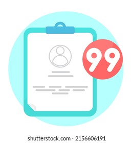 Blue tablet with personal file, card, patient file. customer, user and number 99 on red сircle. concept illustration. flat design vector eps 10, simple and modern graphic element for app or web ui