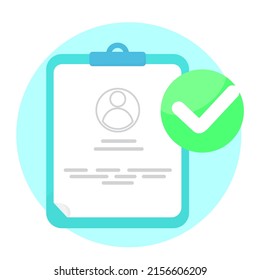 Blue tablet with personal file, card, patient file. customer, user and sign all done, check mark, on green circle concept illustration. flat design, simple and modern graphic element for app or web u