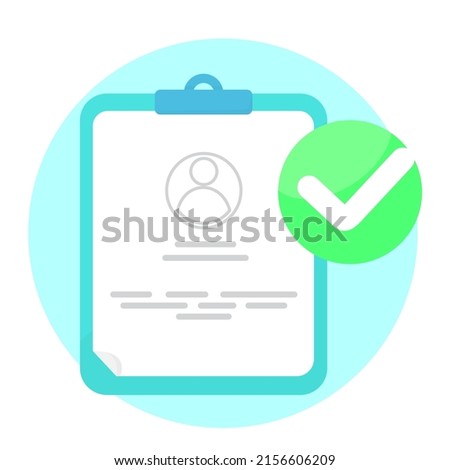 Blue tablet with personal file, card, patient file. customer, user and sign all done, check mark, on green circle concept illustration. flat design, simple and modern graphic element for app or web u