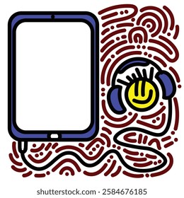 Blue tablet and smile icon with headset doodle. Simple illustration. Hand drawn doodle for sticker, postcard, wallpaper, mural, fabric, prints, wall decor, clothing, etc