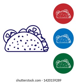 Blue Taco with tortilla icon isolated on white background. Traditional mexican fast food. Set color icon in circle buttons. Vector Illustration