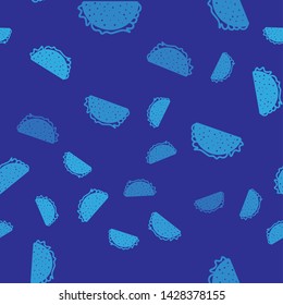 Blue Taco with tortilla icon isolated seamless pattern on blue background. Traditional mexican fast food. Vector Illustration