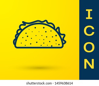 Blue Taco with tortilla icon isolated on yellow background. Traditional mexican fast food. Vector Illustration