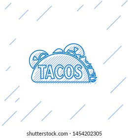 Blue Taco with tortilla line icon isolated on white background. Traditional mexican fast food. Vector Illustration