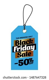 Blue tag black friday sale with 50 percent discount. Vector  