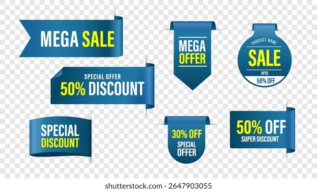 Blue tag collection featuring sale and new labels. Includes red scrolls, banners, discount ribbons, shopping tags, and promotional icons.