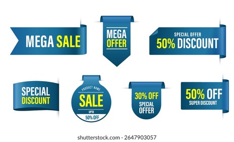 Blue tag collection featuring sale and new labels. Includes red scrolls, banners, discount ribbons, shopping tags, and promotional icons.