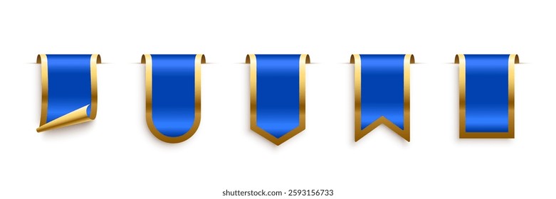 Blue tag with golden frame set vector icons. Sales promotion banners, labels, ribbons collection for online shopping. 3d realistic web element for promotion, discount, best seller product on white.