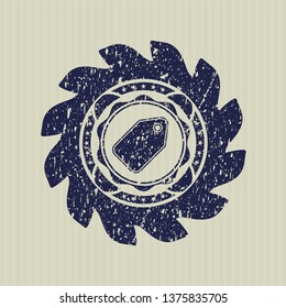 Blue tag icon inside distress rubber seal with grunge texture