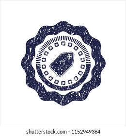 Blue tag icon inside distressed rubber grunge texture stamp