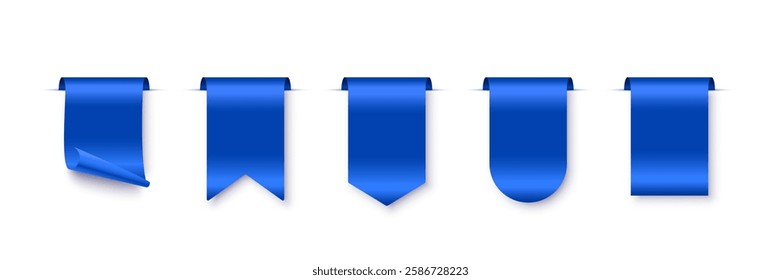 Blue tag set vector icons. Sales promotion banners, labels, ribbons collection for online shopping. 3d realistic web element for promotion, discount, best seller product on white background.