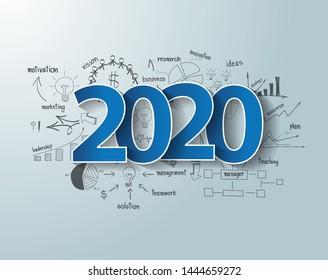 Blue tags label 2020 text design on creative thinking drawing charts and graphs business success strategy plan ideas, Inspiration concept modern template layout, diagram, Vector illustration