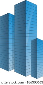 Blue tall building structures with glass reflection can be used as building icon or represent blocks. Perspective angle gives it a 3D look and can be merged in different environment.  