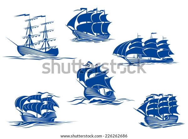 青い背の高い船や帆船 帆を張った船や帆を張った船 帆を張った船が海を走り 白い背景にベクターイラスト のベクター画像素材 ロイヤリティフリー