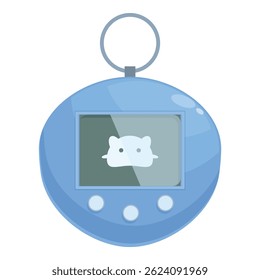Blue tamagotchi showing virtual pet on screen with buttons and ring