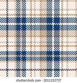 Blue, tan and beige plaid. Seamless vector flannel check pattern. Suitable for fashion, home decor and stationary.