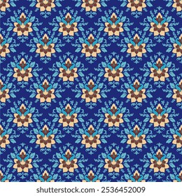 Un tejido estampado de damasco floral azul y marrón. Las flores están dispuestas de una manera que crea una sensación de movimiento y profundidad. Los colores azul y marrón le dan a la tela una sensación tranquila y serena