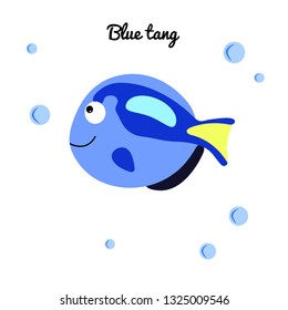 Blue tang Cartoon fish with water bubbles. character smiling happily of sea animal Print for clothes, baby shower decoration. Marine stickers isolated on white background