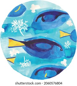 Blue tang watercolor hand drawn vector illustrations