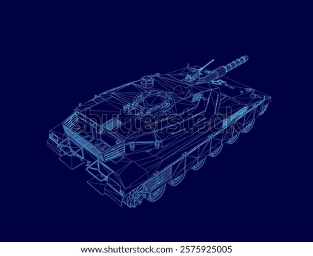 Blue tank is displayed on a blue background. The tank is a military vehicle.
