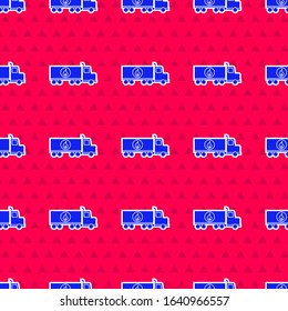 Blue Tanker truck icon isolated seamless pattern on red background. Petroleum tanker, petrol truck, cistern, oil trailer.  Vector Illustration