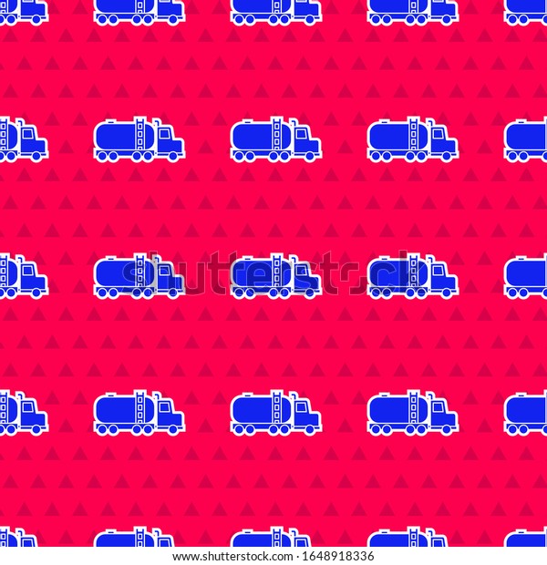 Blue Tanker truck icon isolated seamless\
pattern on red background. Petroleum tanker, petrol truck, cistern,\
oil trailer.  Vector\
Illustration