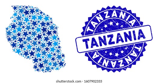 Blue Tanzania map composition of stars, and textured rounded stamp. Abstract territorial plan in blue shades. Vector Tanzania map is shaped of blue stars.