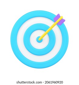 Blue target 3d icon. Dart with white and blue cozzentric circles. Solution to set goal with ideal result. Symbol of precise victories in competitions and business. Realistic isolated vector