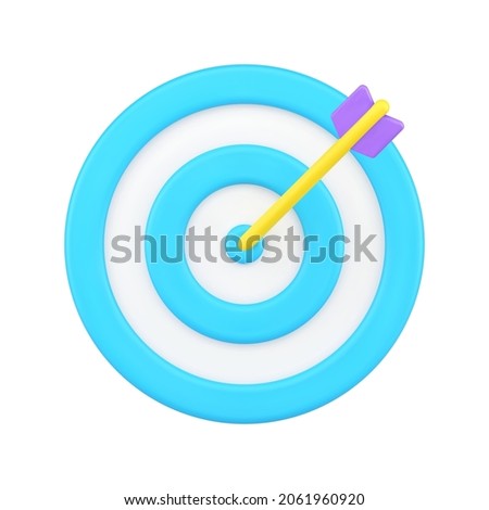Blue target 3d icon. Dart with white and blue cozzentric circles. Solution to set goal with ideal result. Symbol of precise victories in competitions and business. Realistic isolated vector