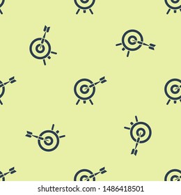 Blue Target with arrow icon isolated seamless pattern on yellow background. Dart board sign. Archery board icon. Dartboard sign. Business goal concept.  Vector Illustration