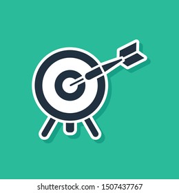 Blue Target with arrow icon isolated on green background. Dart board sign. Archery board icon. Dartboard sign. Business goal concept.  Vector Illustration