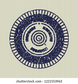 Blue target, business icon inside distress grunge style stamp