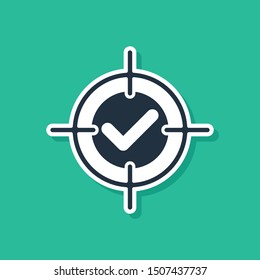 Blue Target and check mark icon isolated on green background. Dart board sign. Archery board icon. Dartboard sign. Business goal concept.  Vector Illustration