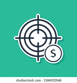 Blue Target with dollar symbol icon isolated on green background. Investment target icon. Successful business concept. Cash or Money.  Vector Illustration