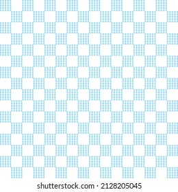 Blue tartan on white background. Blue gingham checker pattern. Vertical and horizontal crossing lines on white background.