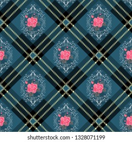 Blue tartan plaid and flowers pattern on checkered background for textile