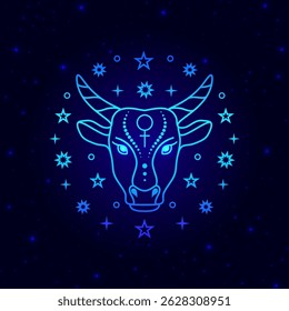 Blue Taurus zodiac sign on dark blue background.