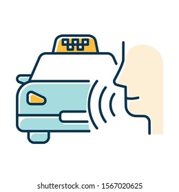 Blue Taxi Call Color Icon. Transport Search Voice Command Idea. Sound Control, Audio Order, Conversation. Smart Virtual Assistant. Car Delivery Service. Loud Speak. Isolated Vector Illustration