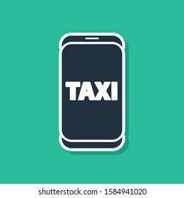 Blue Taxi call telephone service icon isolated on green background. Taxi for smartphone.  Vector Illustration