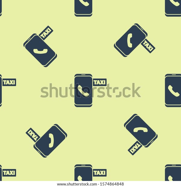 Blue Taxi call telephone service icon\
isolated seamless pattern on yellow background. Taxi for\
smartphone.  Vector\
Illustration