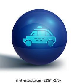 Blue Taxi car icon isolated on white background. Blue circle button. Vector