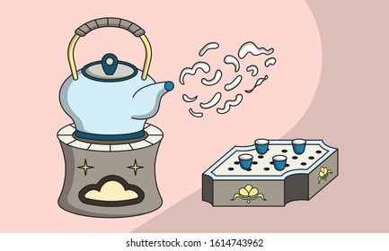 Blue Tea Kettle On The Stove To Boil Tea On Pink Background. Make Hot Tea Concept Beverage Making. Chinese Pottery Tea Set With Warmer. Vector ,illustration