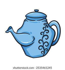 Blue tea pot hot drink container colorful outlined illustration isolated on square white background. Simple flat cartoon art styled drawing.