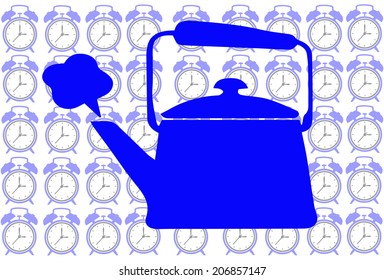 Blue Tea pot on clock background show tea time concept