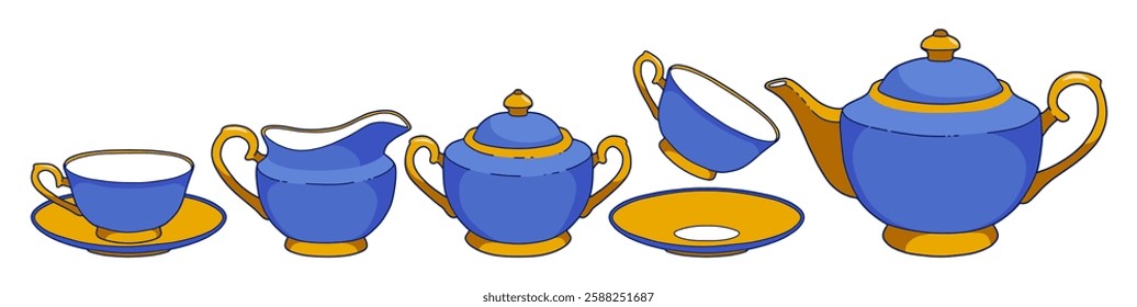 Blue tea set. Beautiful dishes. Tea service, isolated on white. Vector illustration. Blue and gold.