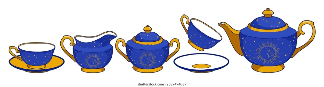 Blue tea set. Beautiful dishes. Tea service, isolated on white. Vector illustration. Blue and gold. Magic decor. Crescent moon and constellations.
