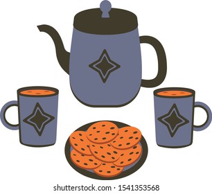 Blue tea set and plate with oatmeal cookies. Stylish illustration of dishes